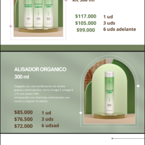 Kit de alisado orgánico con tres envases blancos y etiquetas verdes, presentados bajo una cúpula de cristal sobre base de madera.